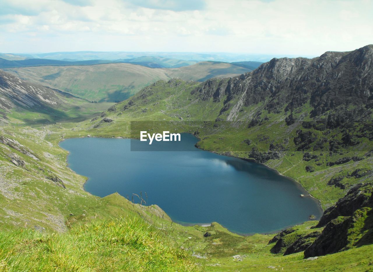 Scenic view of lake by mountains against sky