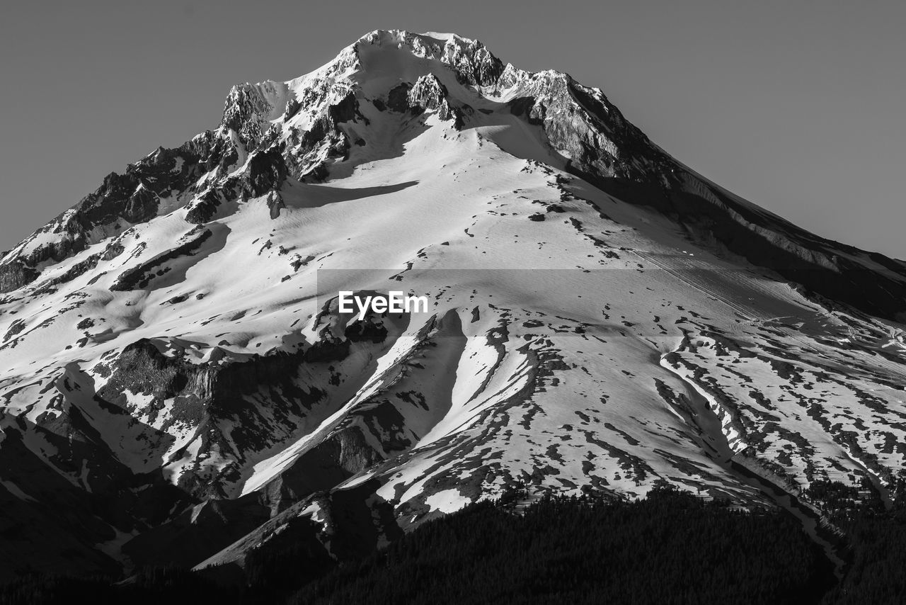 Aerial view of snowcapped mountains against clear sky