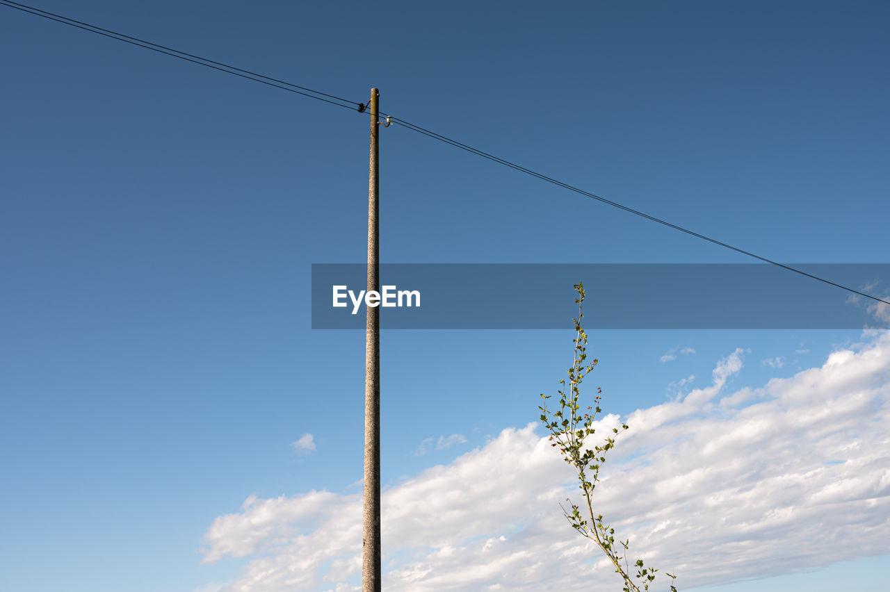Low angle view of power lines against blue sky