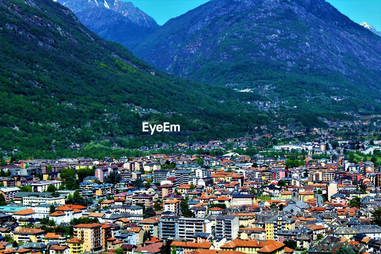 High angle view of houses in town