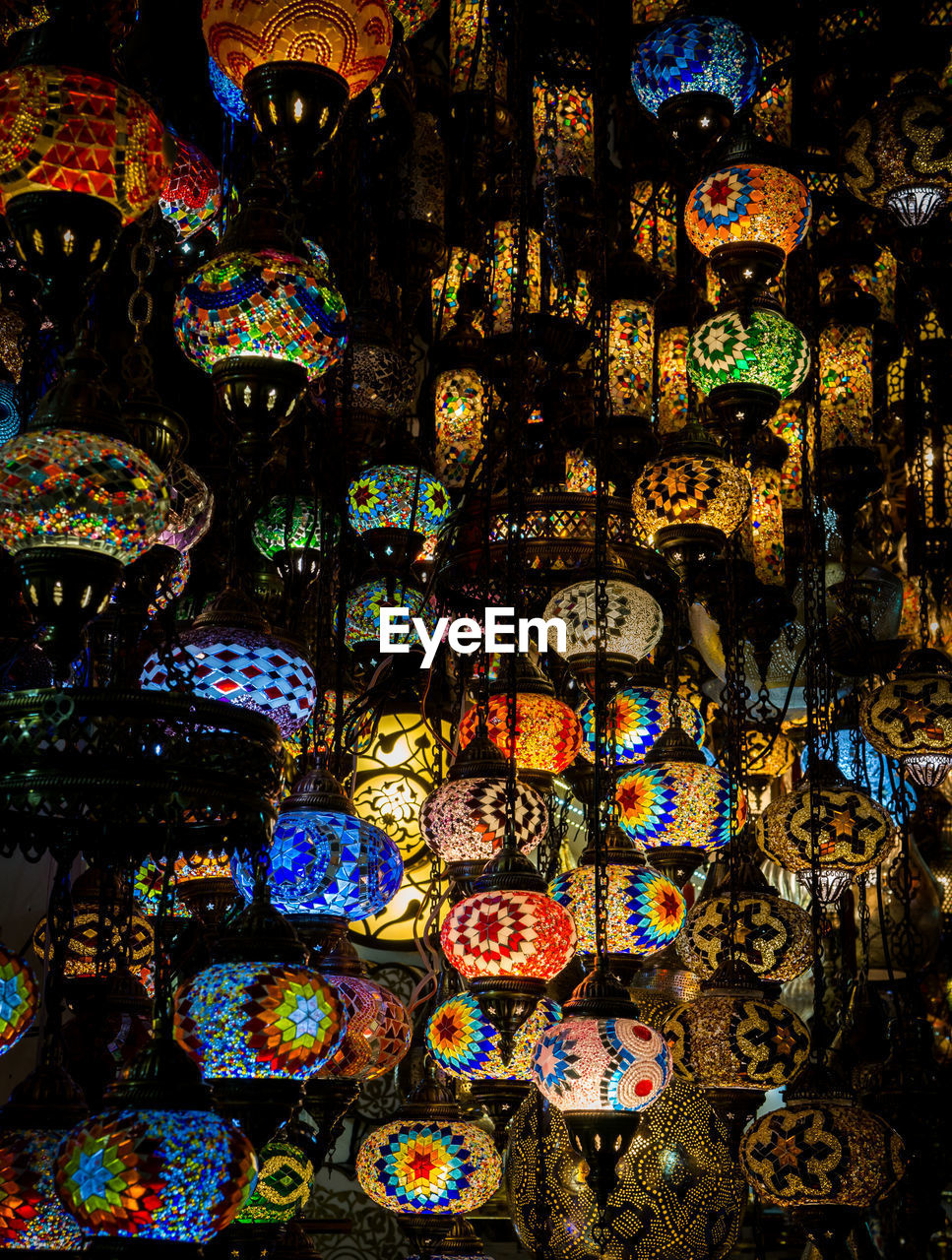 Full frame shot of illuminated lanterns for sale in market