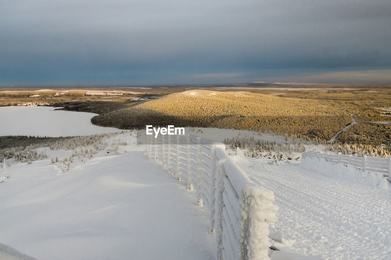 Scenic view of snow covered land against sky