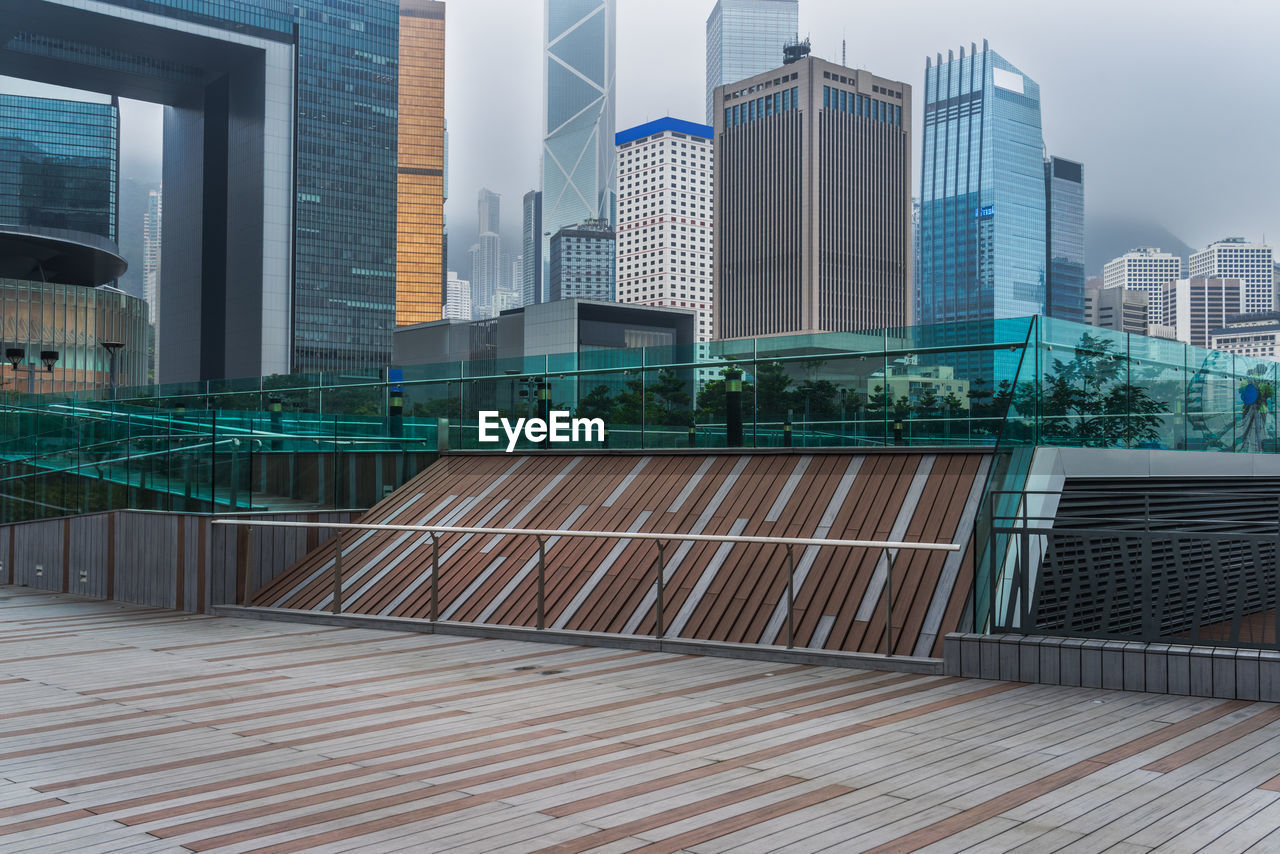 MODERN BUILDINGS BY SWIMMING POOL IN CITY