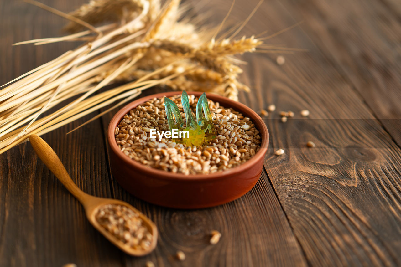 high angle view of green peas in bowl on table