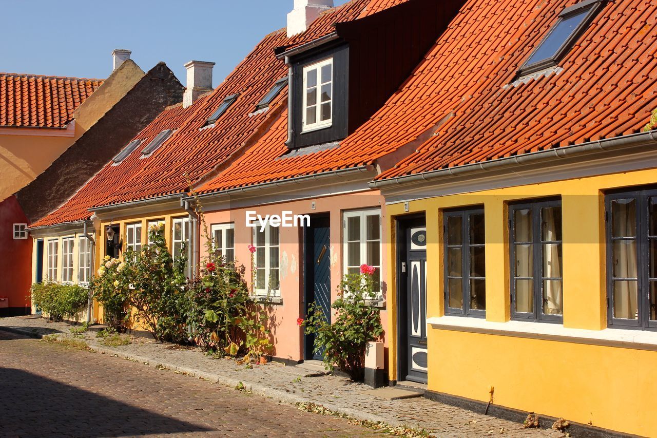 Houses by street in city