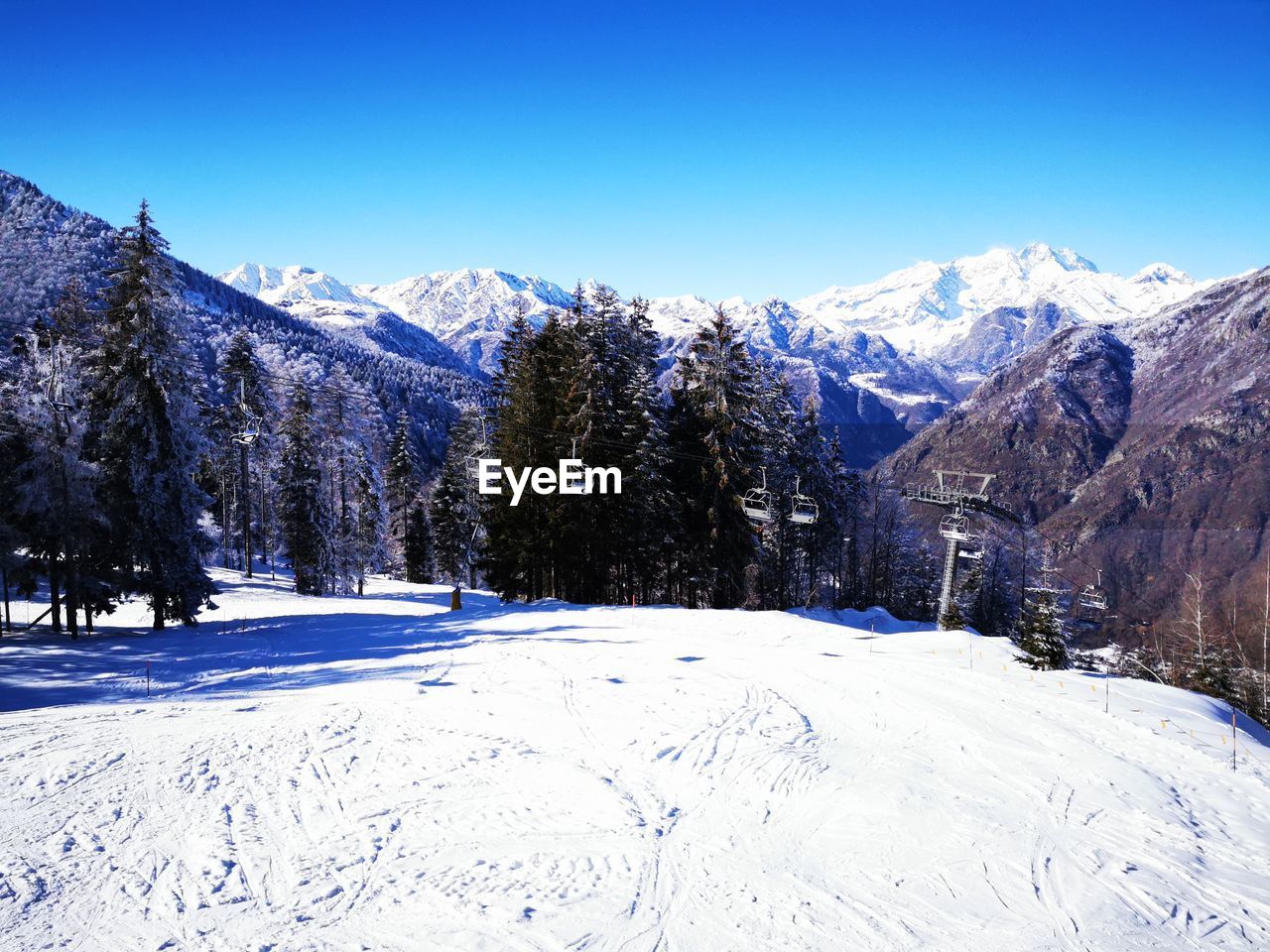 snow, winter, cold temperature, mountain, scenics - nature, mountain range, beauty in nature, tree, environment, landscape, sky, nature, plant, snowcapped mountain, tranquil scene, piste, blue, pine tree, tranquility, non-urban scene, coniferous tree, land, day, pinaceae, clear sky, white, no people, forest, travel destinations, ridge, pine woodland, travel, winter sports, frozen, outdoors, resort, sunlight, idyllic, tourism