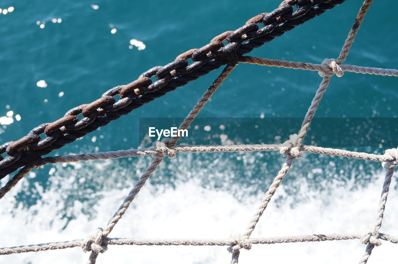 High angle view of rope tied to fence