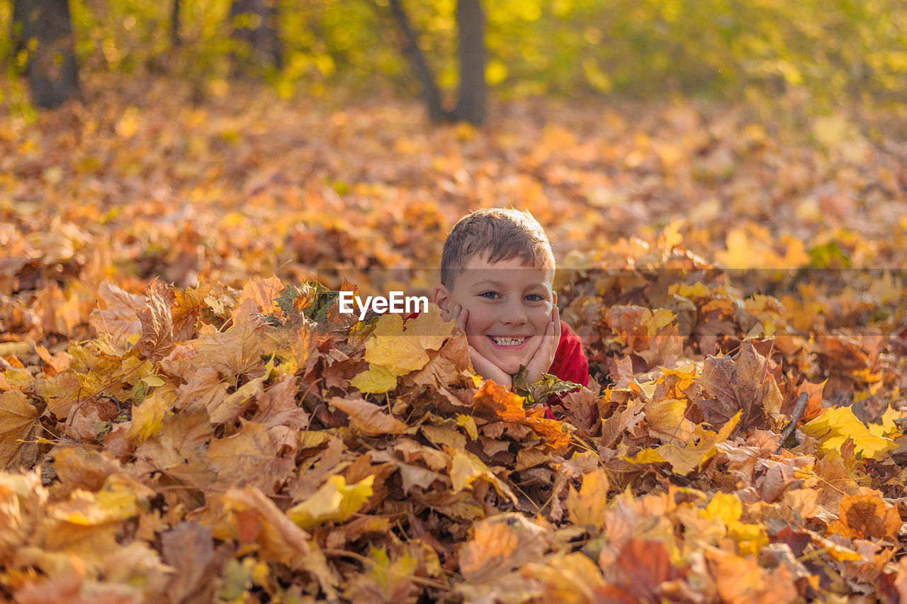Young cheerful guy smiles while lying in yellow autumn fallen foliage in the forest