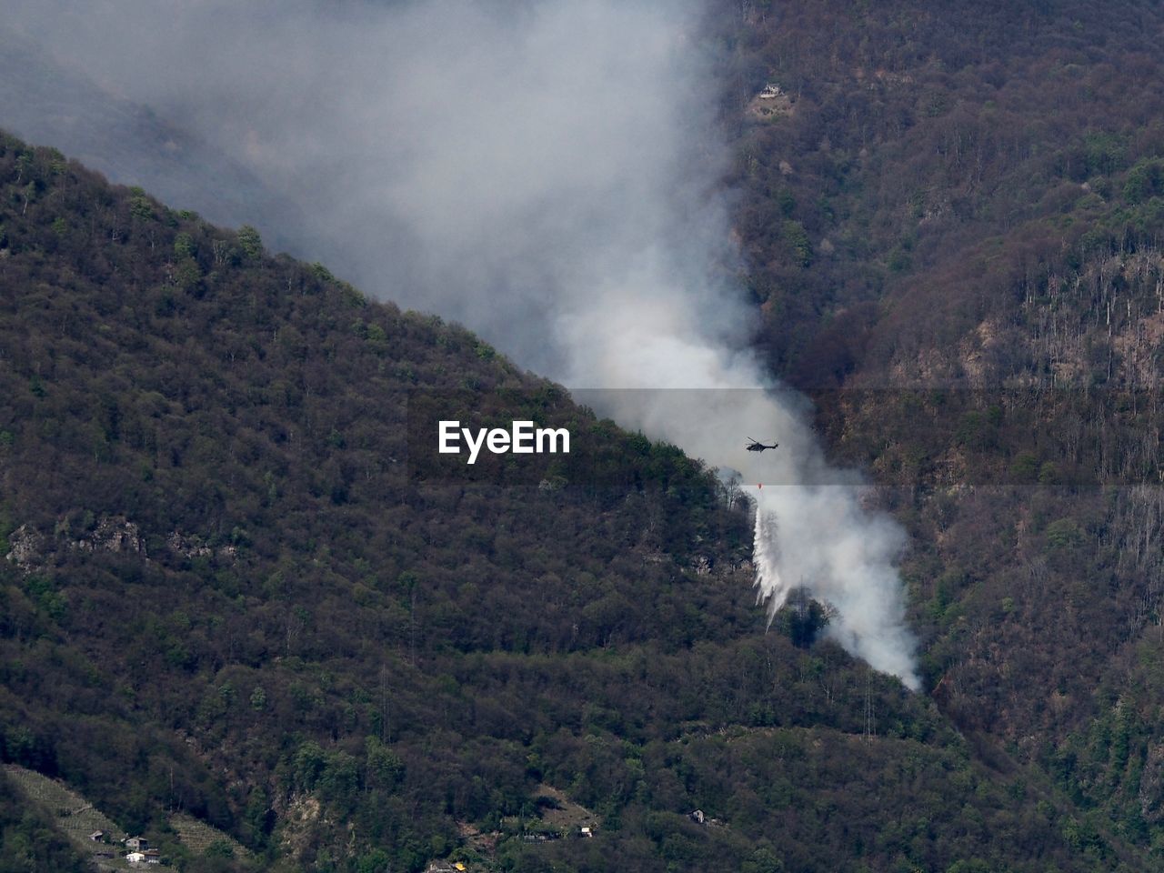 Helicopter dropping water on a forest fire above gordola, ticino, switzerland