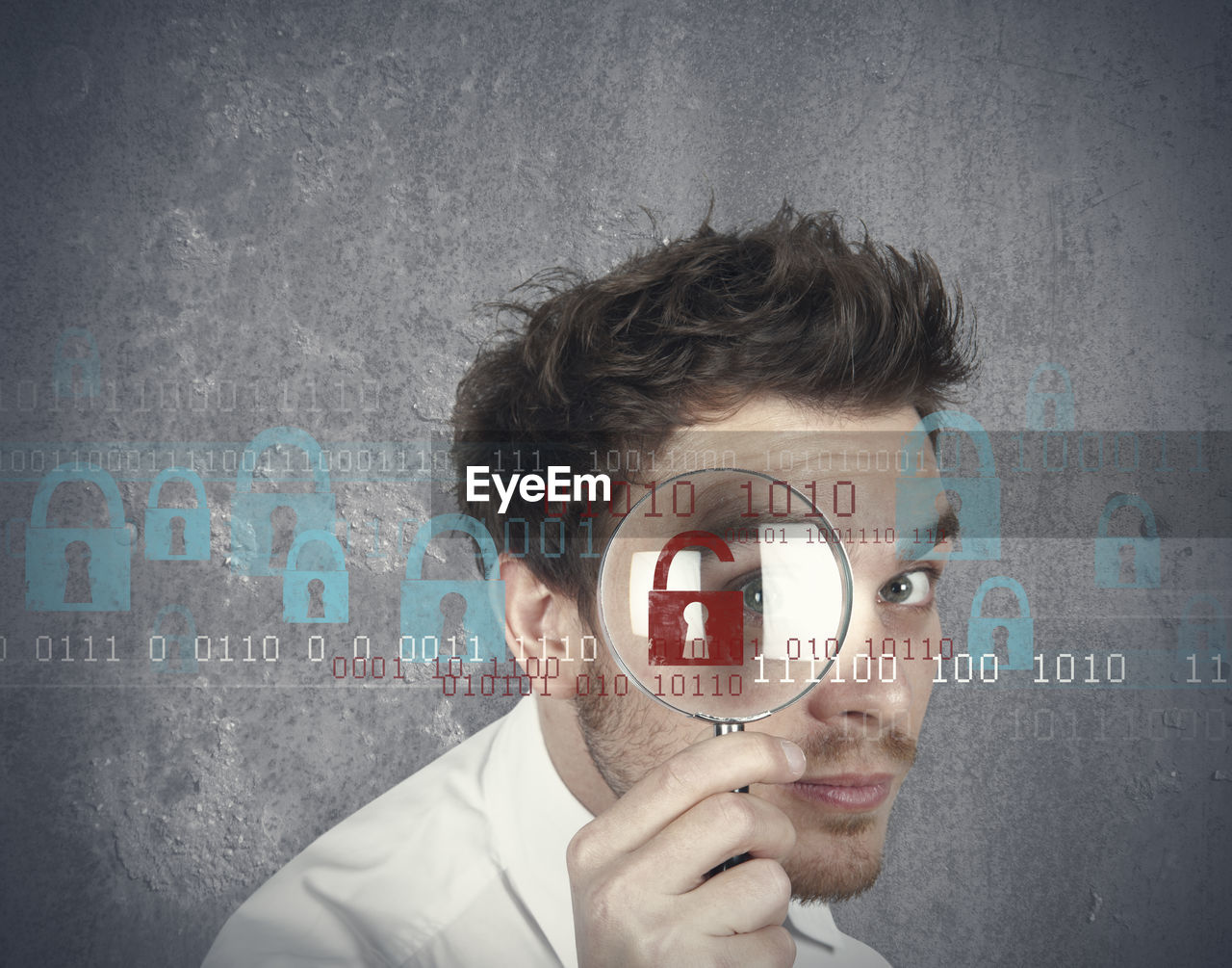 CLOSE-UP PORTRAIT OF MAN WITH TEXT AGAINST WALL