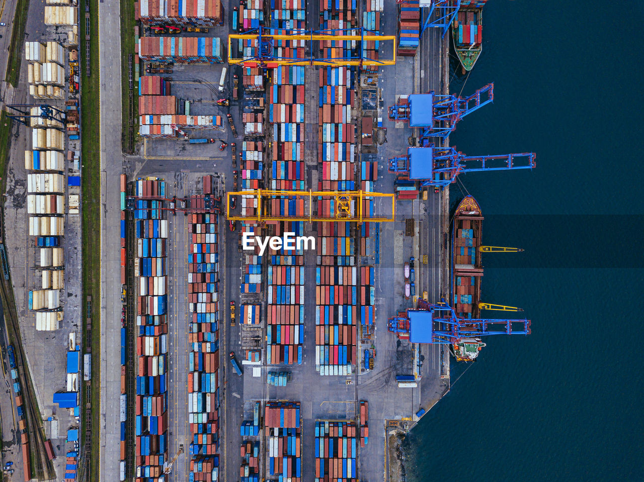 Russia, primorsky krai, vladivostok, aerial view of cargo containers in commercial dock