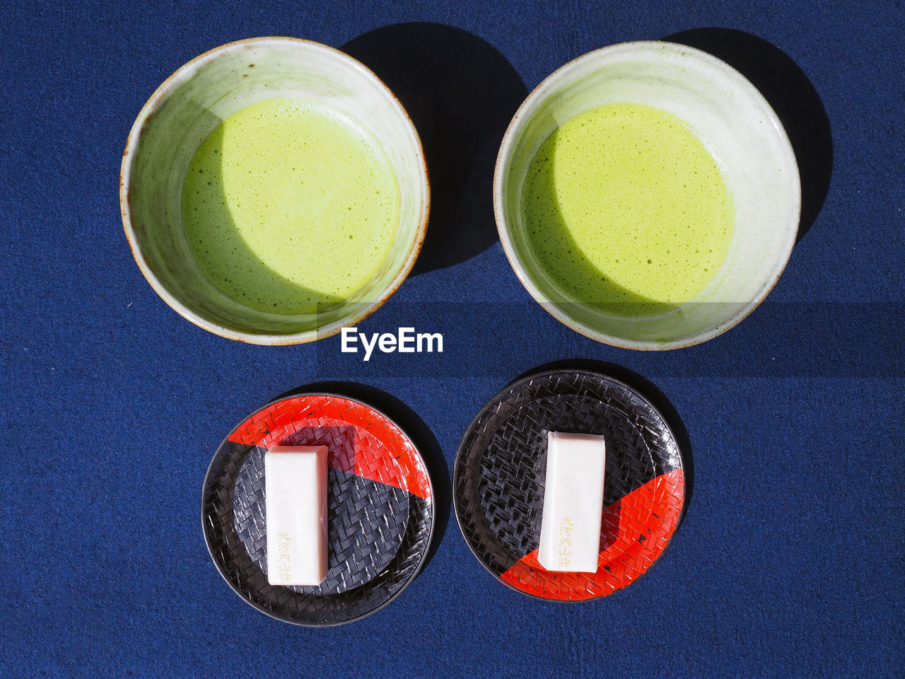 Directly above shot matcha tea on table