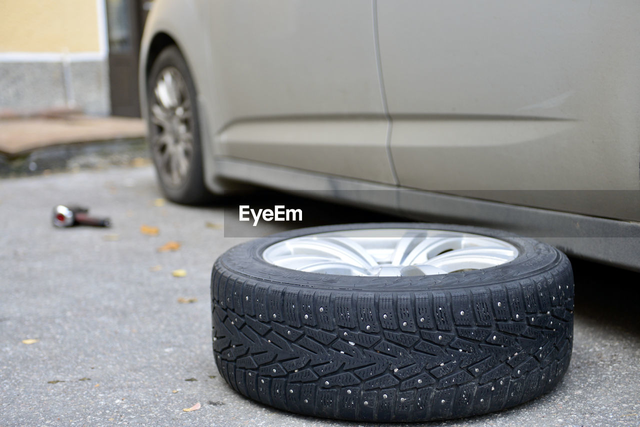 Close-up of winter tyre