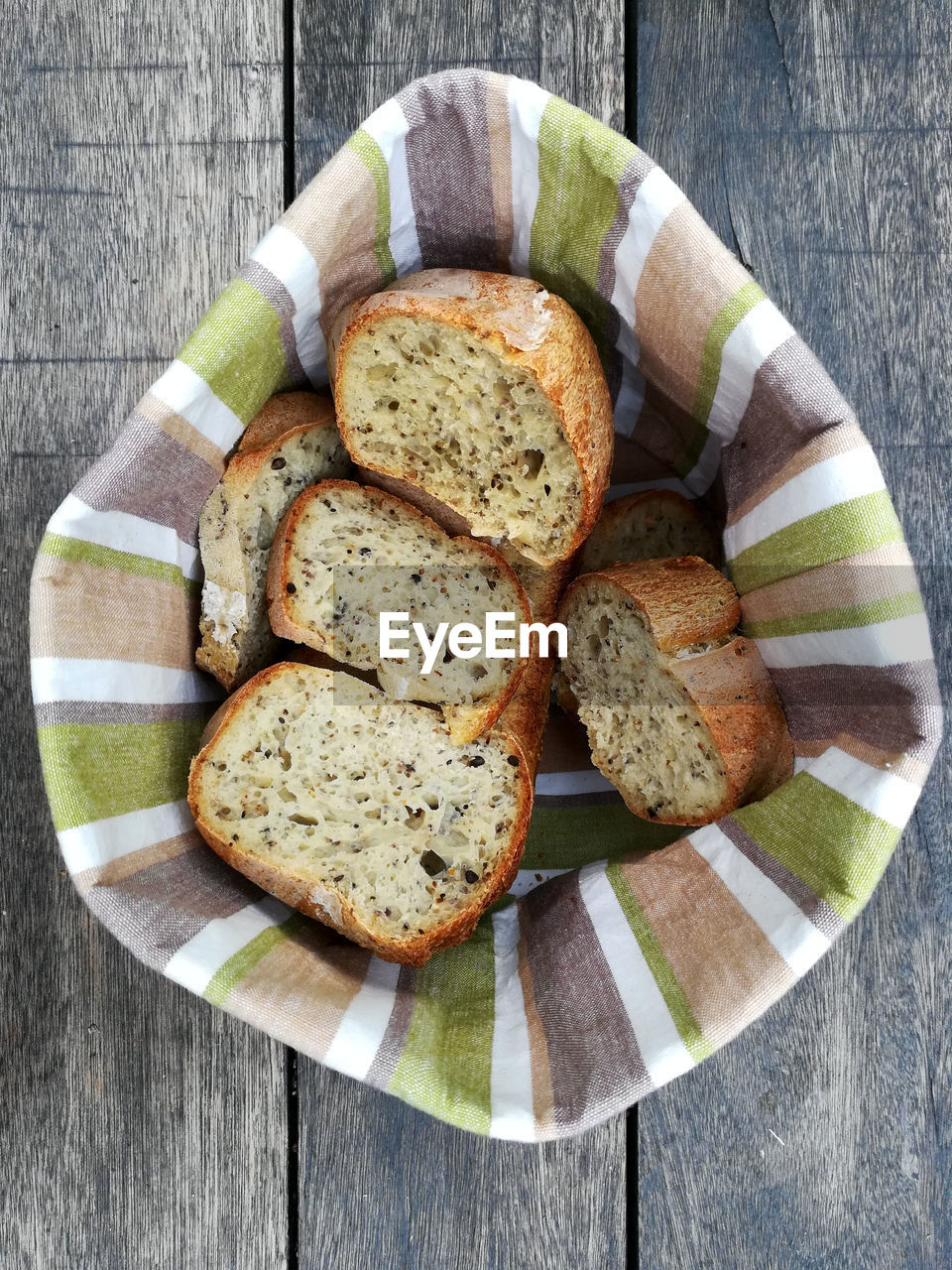 High angle view of breakfast in fabric on table