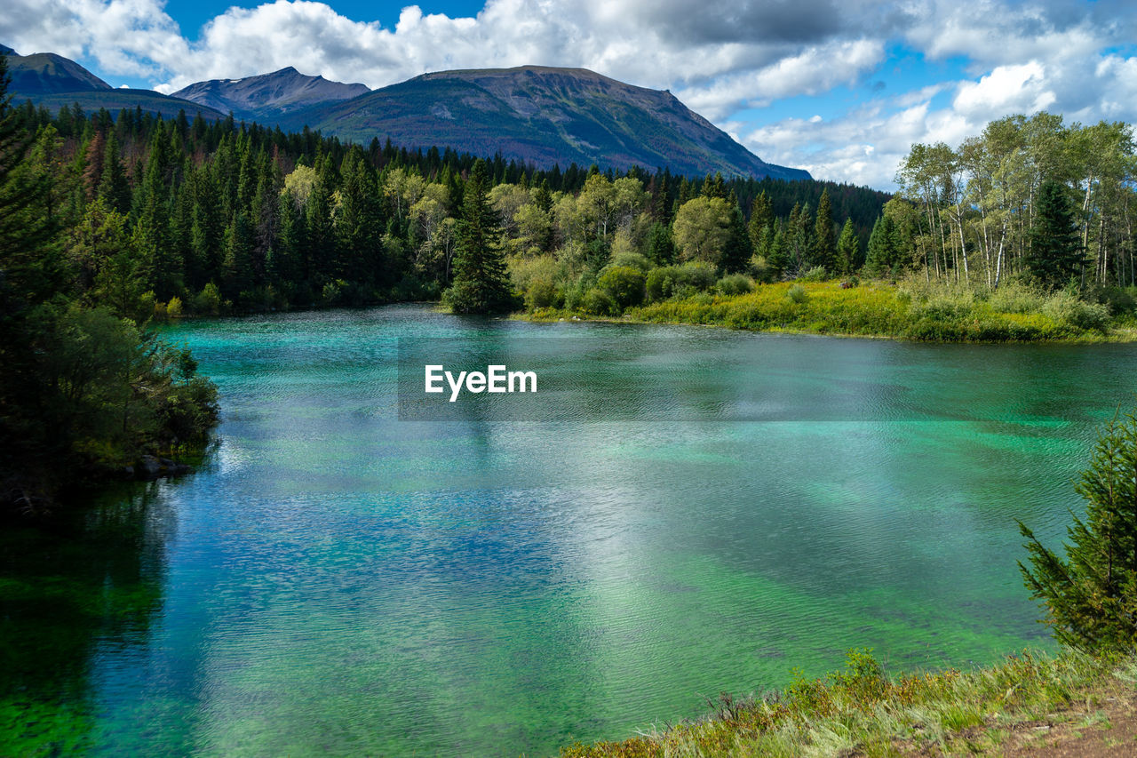 Scenic view of lake with turwquise water and mountains against sky