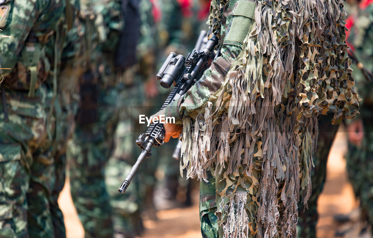 Soldiers with weapons on military combat training