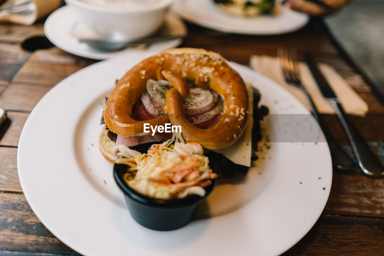 High angle view of food in plate on table