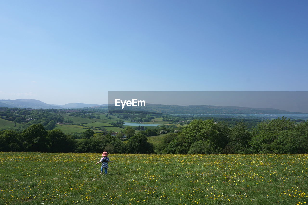 Rear view of girl standing on land against clear sky during summer