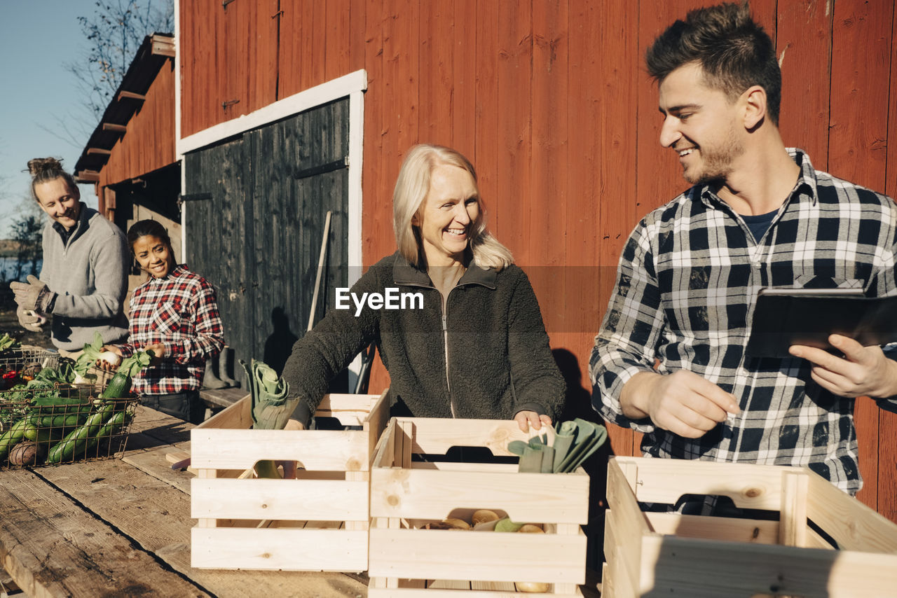 Smiling farmers arranging organic vegetables in crates outside barn