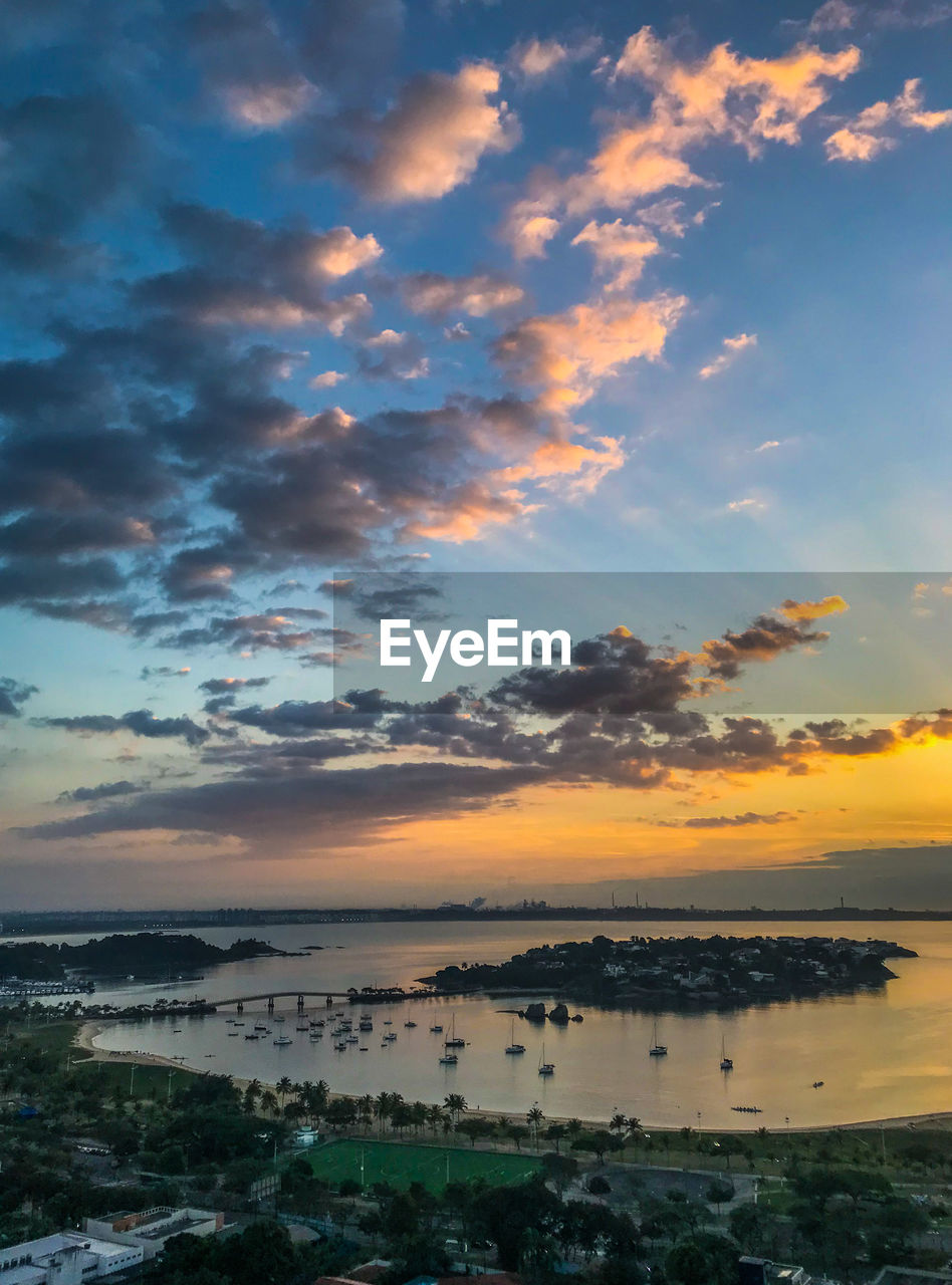 High angle view of townscape against sky during sunset