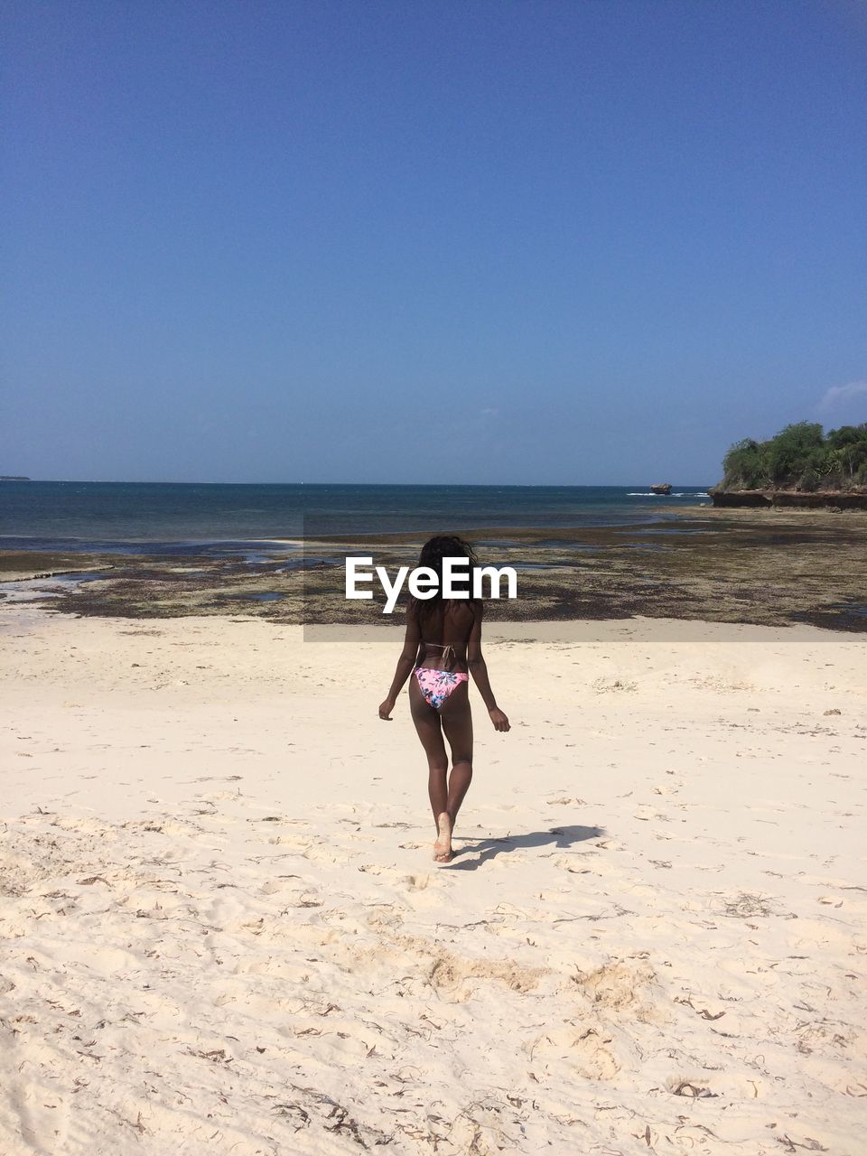 Rear view of woman in bikini walking on sand at beach