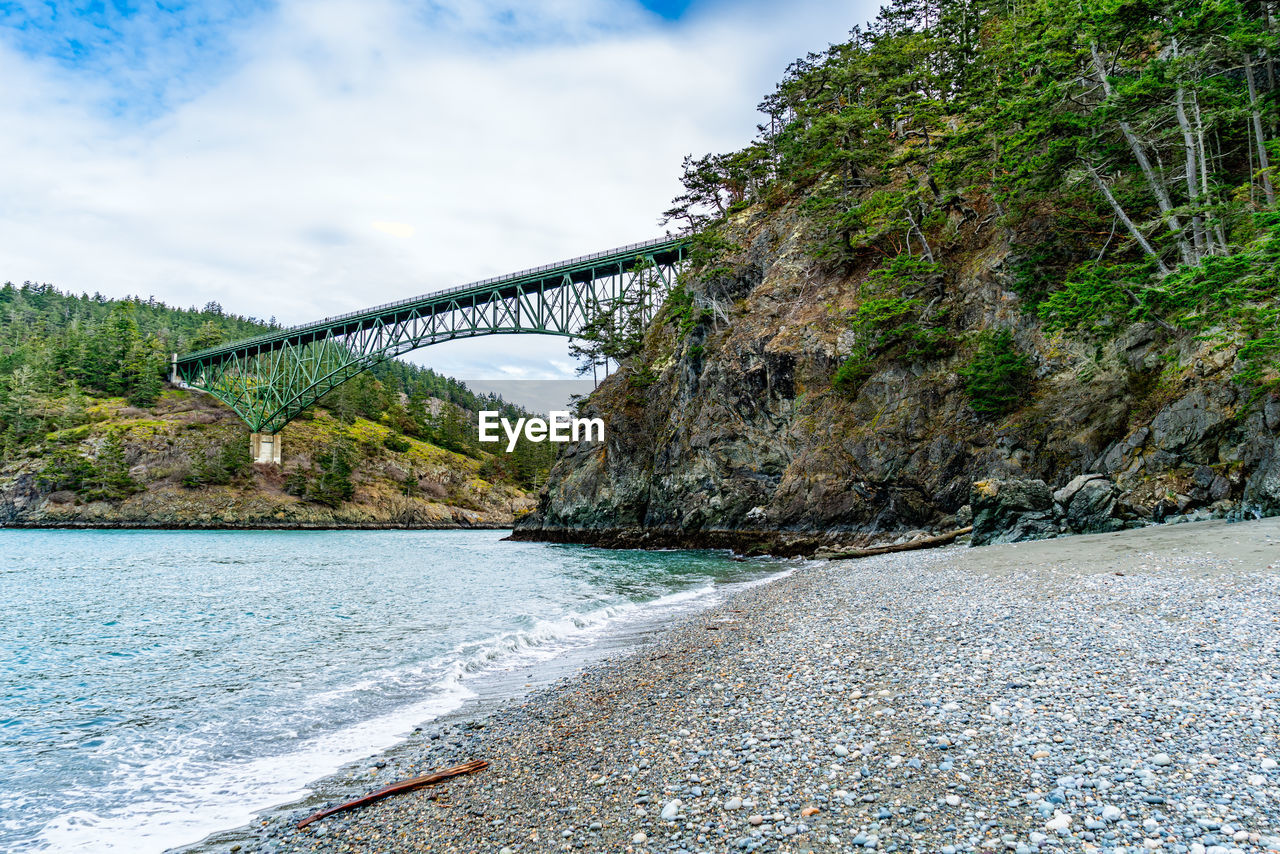 A view from below the bridge at deception pass in washington state.