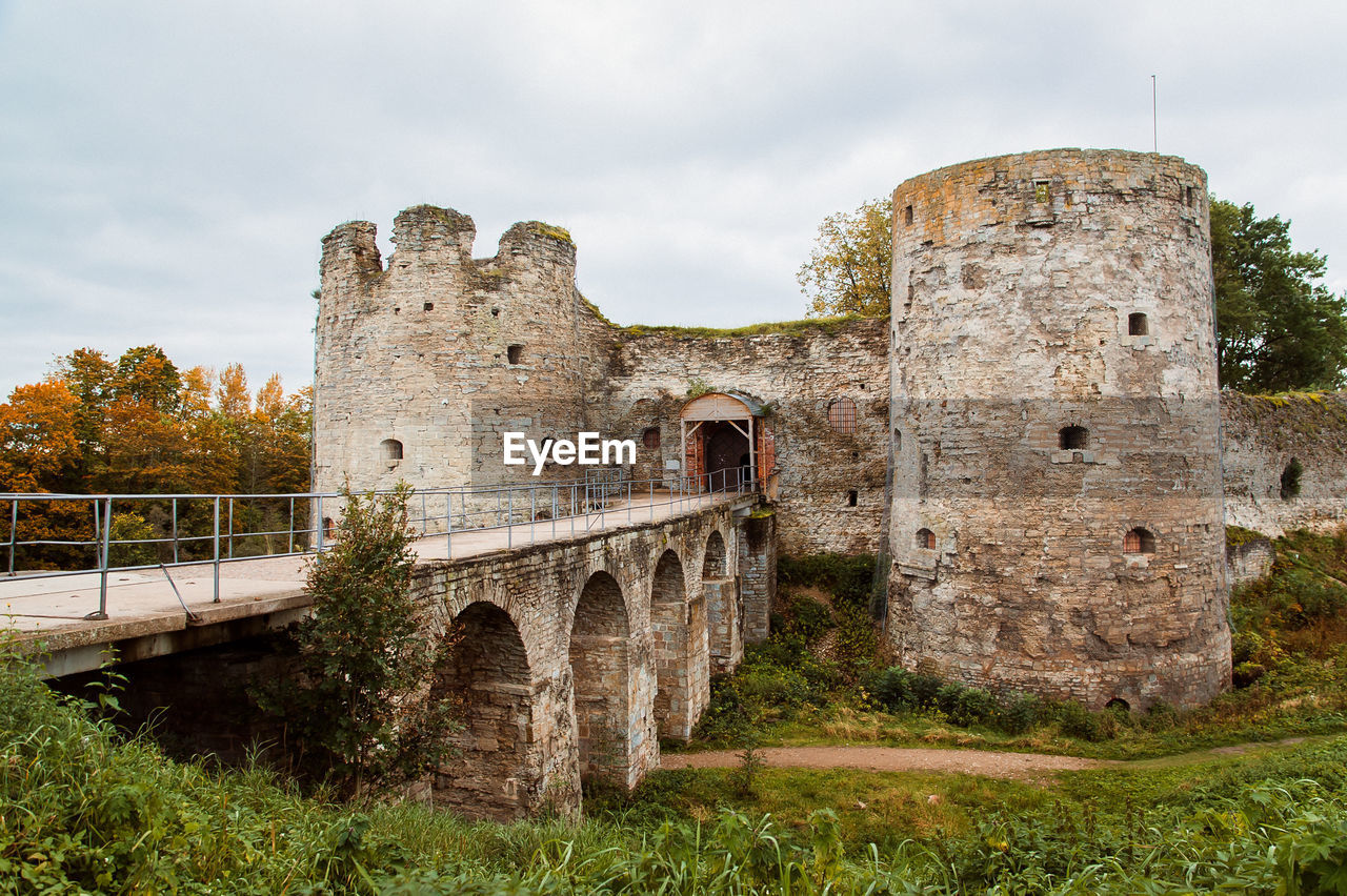 The north and south towers and the entrance bridge of the medieval fortress koporye