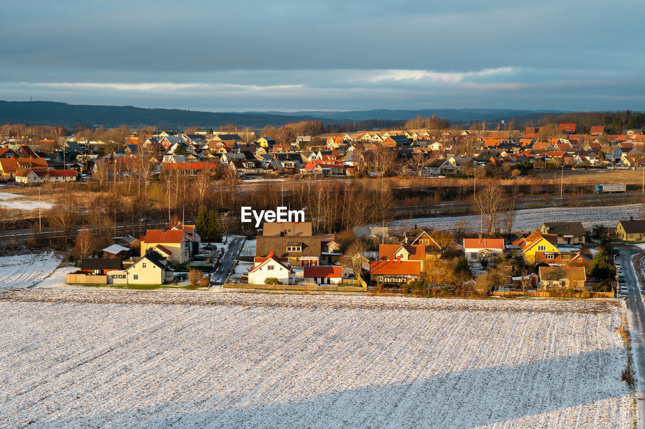 High angle view of townscape against sky