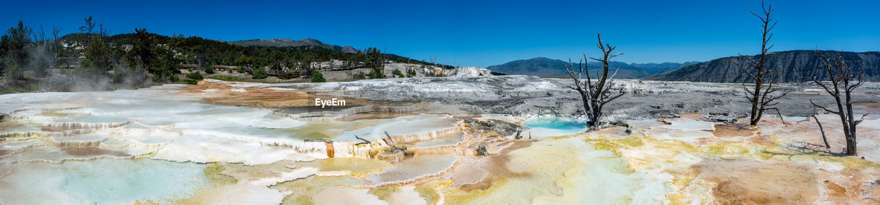 panorama of the blue water hot spring black pool in yellowstone national park Panorama Mammoth Hot Springs Yellowstone Wyoming Hot Water Spring Orange White Nature Mammoth Park Mineral Background Mountain Landscape Natural Colours Yellow Us National Rock Terrace Horizontal Sulfur  Deposit Scenic Thermal Sky Geology Closeup Limestone Steam National Park Wilderness Outdoors Beauty Geothermal  Pattern Yellowstone National Park