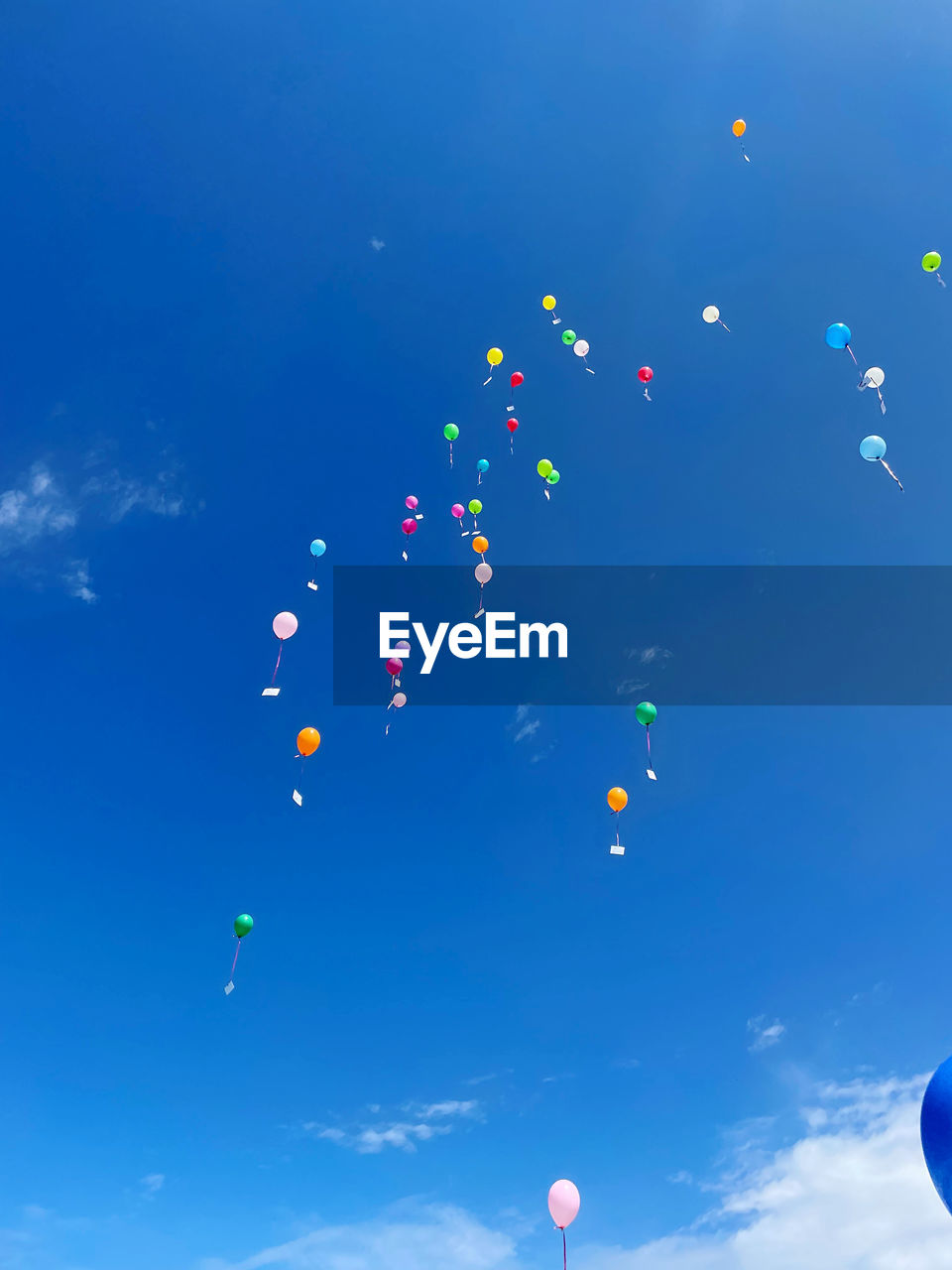 LOW ANGLE VIEW OF BALLOONS FLYING IN SKY