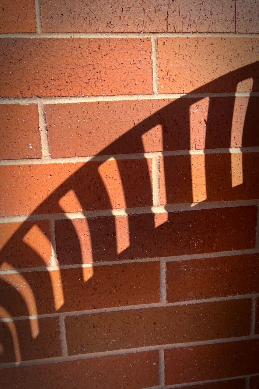 brick, wall, brick wall, architecture, wall - building feature, floor, brickwork, built structure, brown, no people, red, wood, shadow, pattern, sunlight, day, flooring, sign, communication, outdoors, building exterior, full frame, line