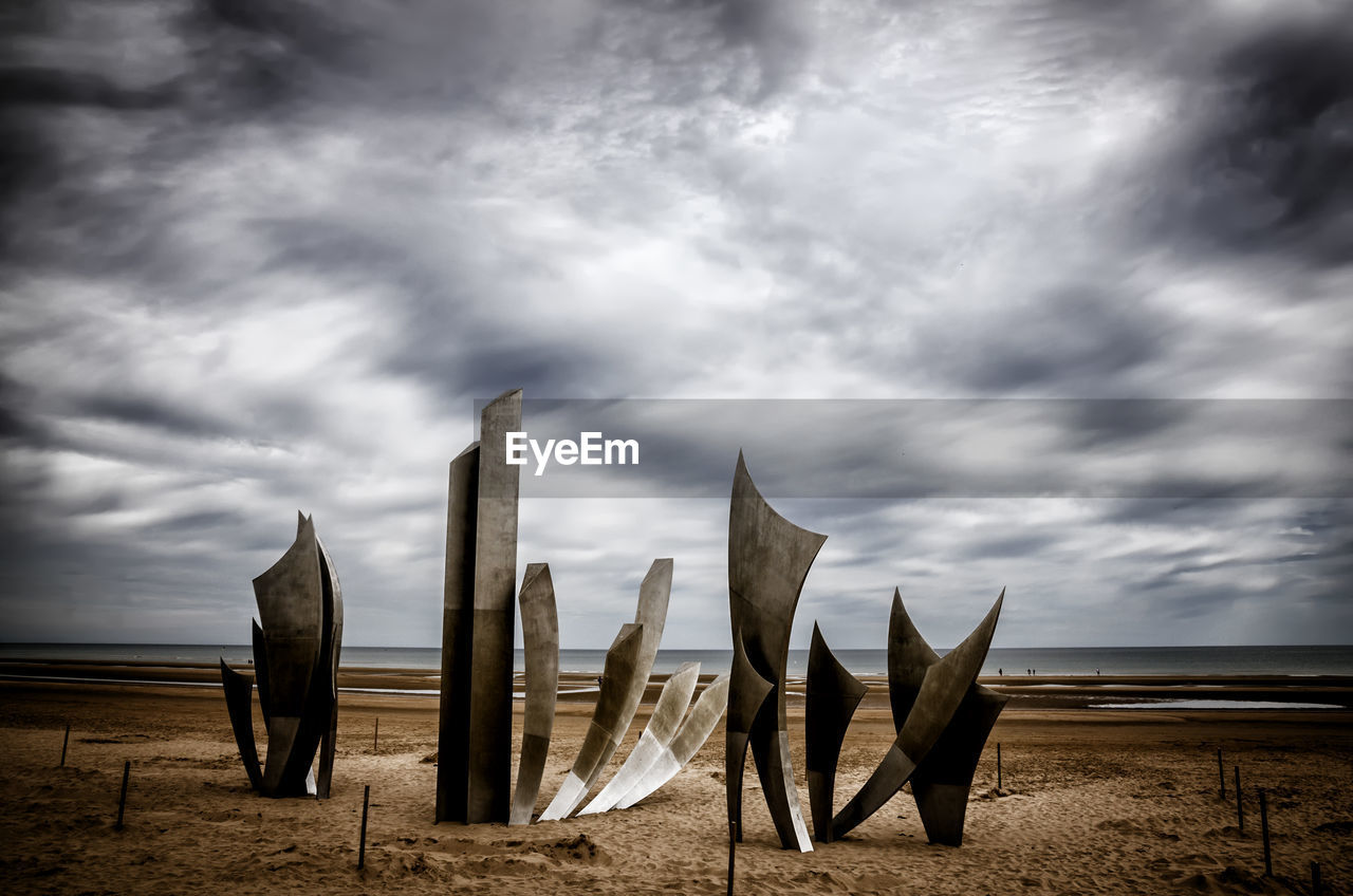 PANORAMIC VIEW OF WOODEN POSTS ON BEACH