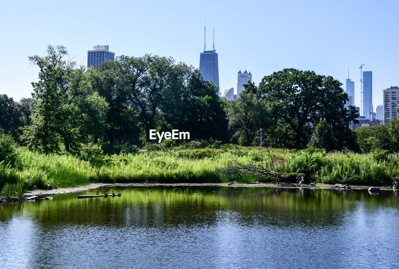 Chicago city skyline against blue sky in summer