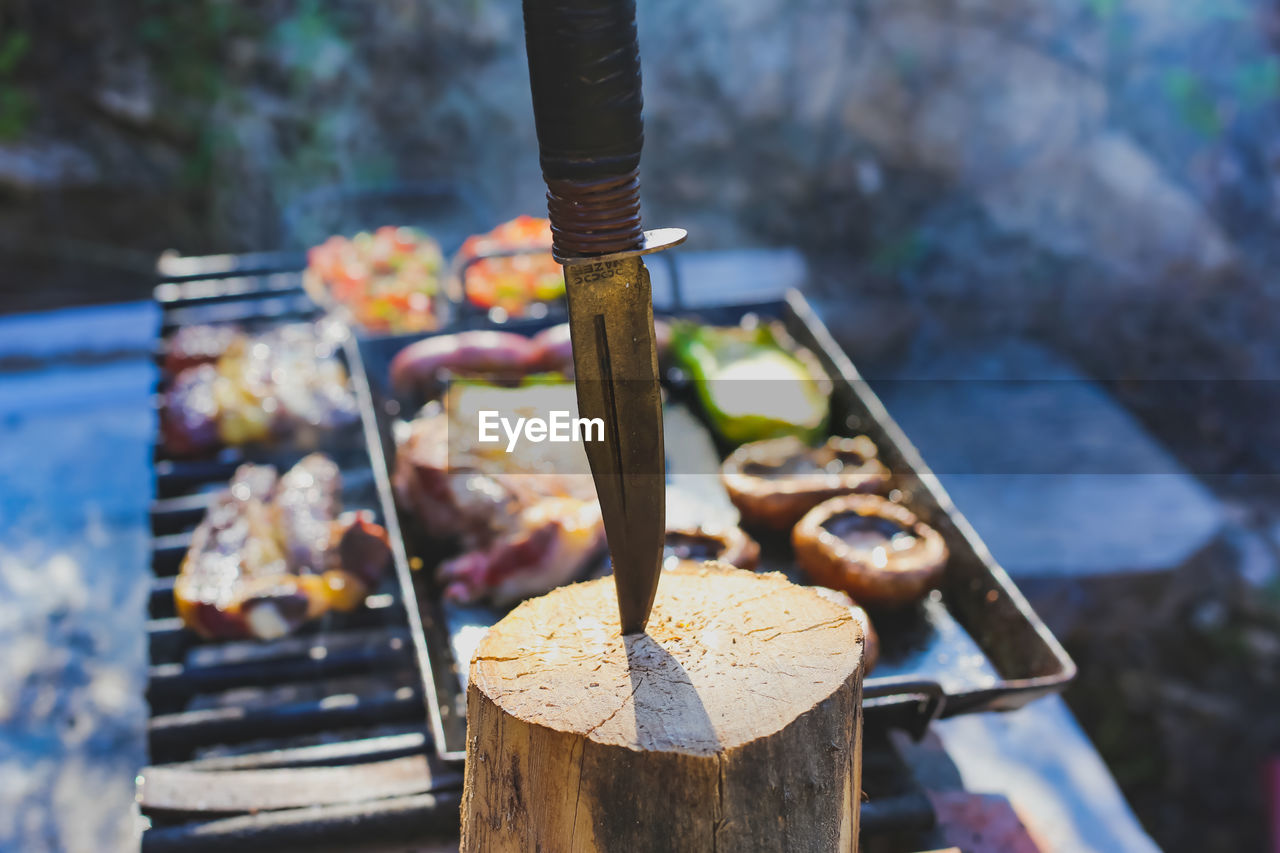 Close-up of meat on barbecue grill