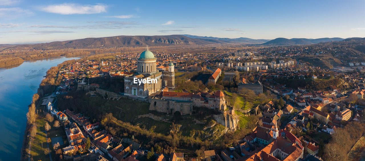 Esztergom, hungary - aerial view of the beautiful basilica of esztergom near river danube