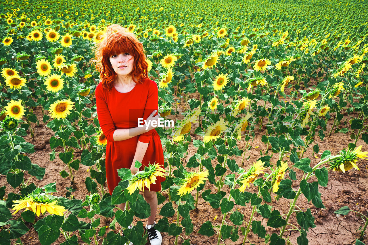 Smiling young woman with yellow flowers in field