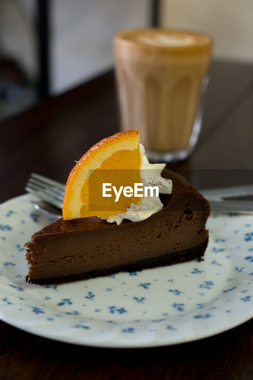 Close-up of cake served in plate on table