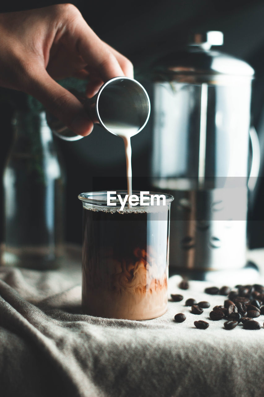 CLOSE-UP OF HAND POURING COFFEE CUP