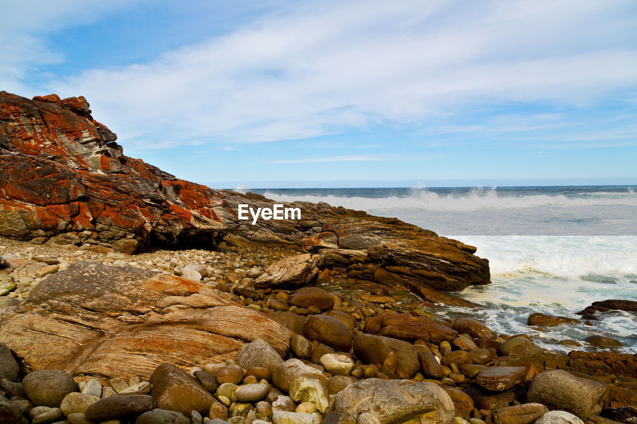 ROCK FORMATIONS ON SHORE AGAINST SKY