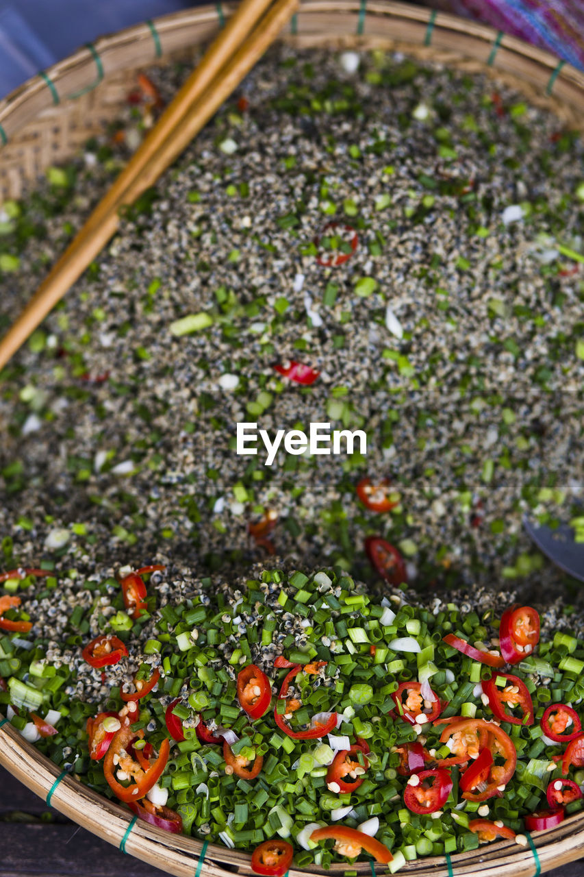 High angle view of various vegetables in wicker