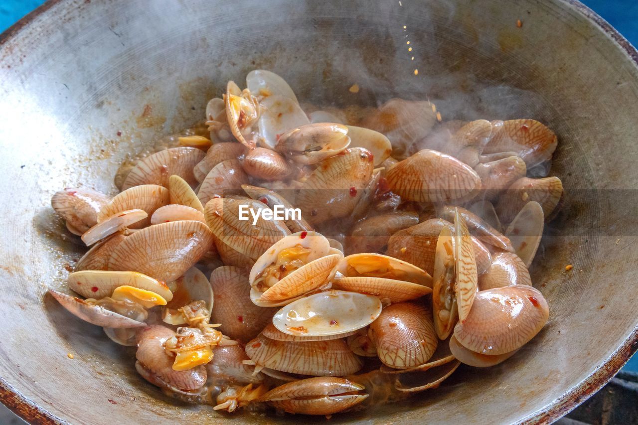 HIGH ANGLE VIEW OF MEAT IN COOKING