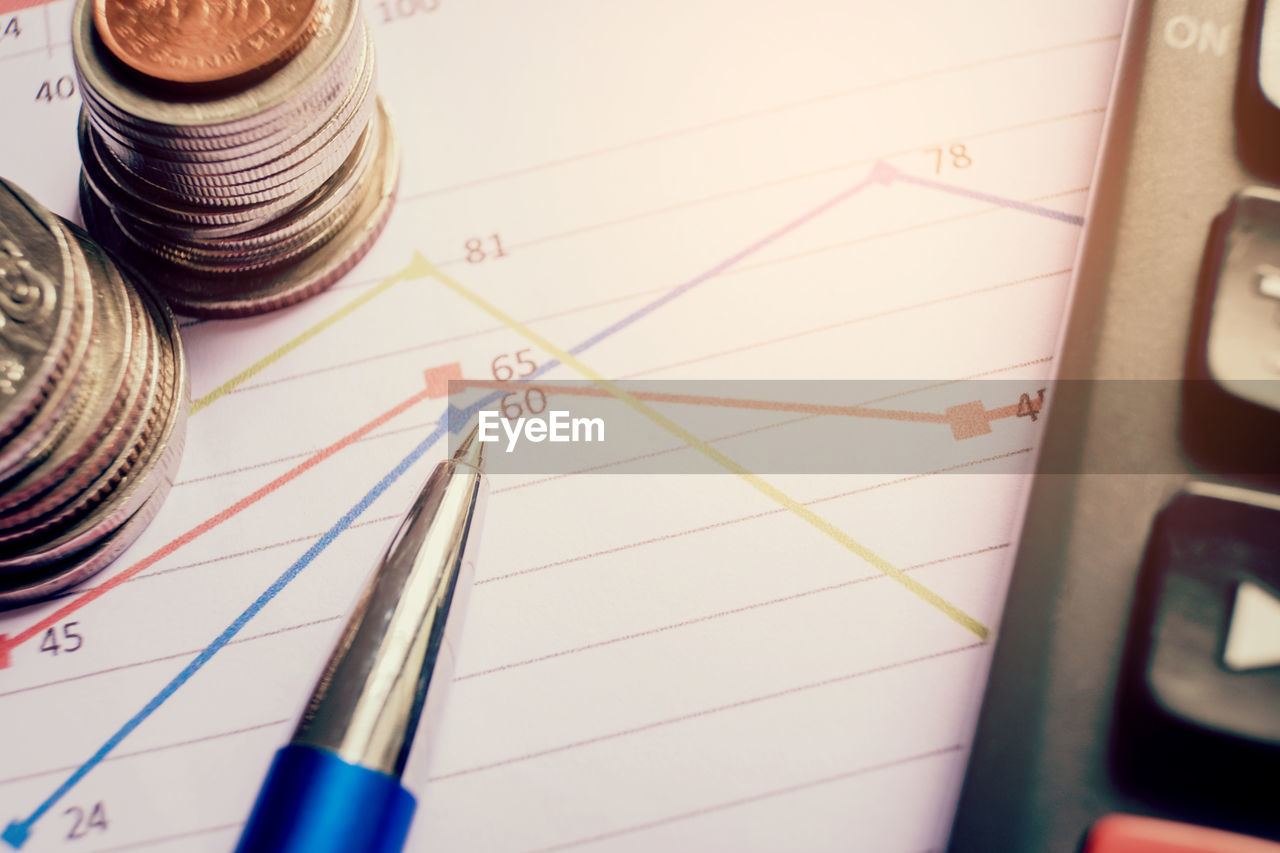 High angle view of pen with coins and calculator on paper