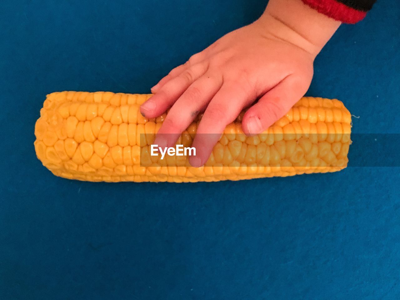 Cropped hand touching sweetcorn on blue table