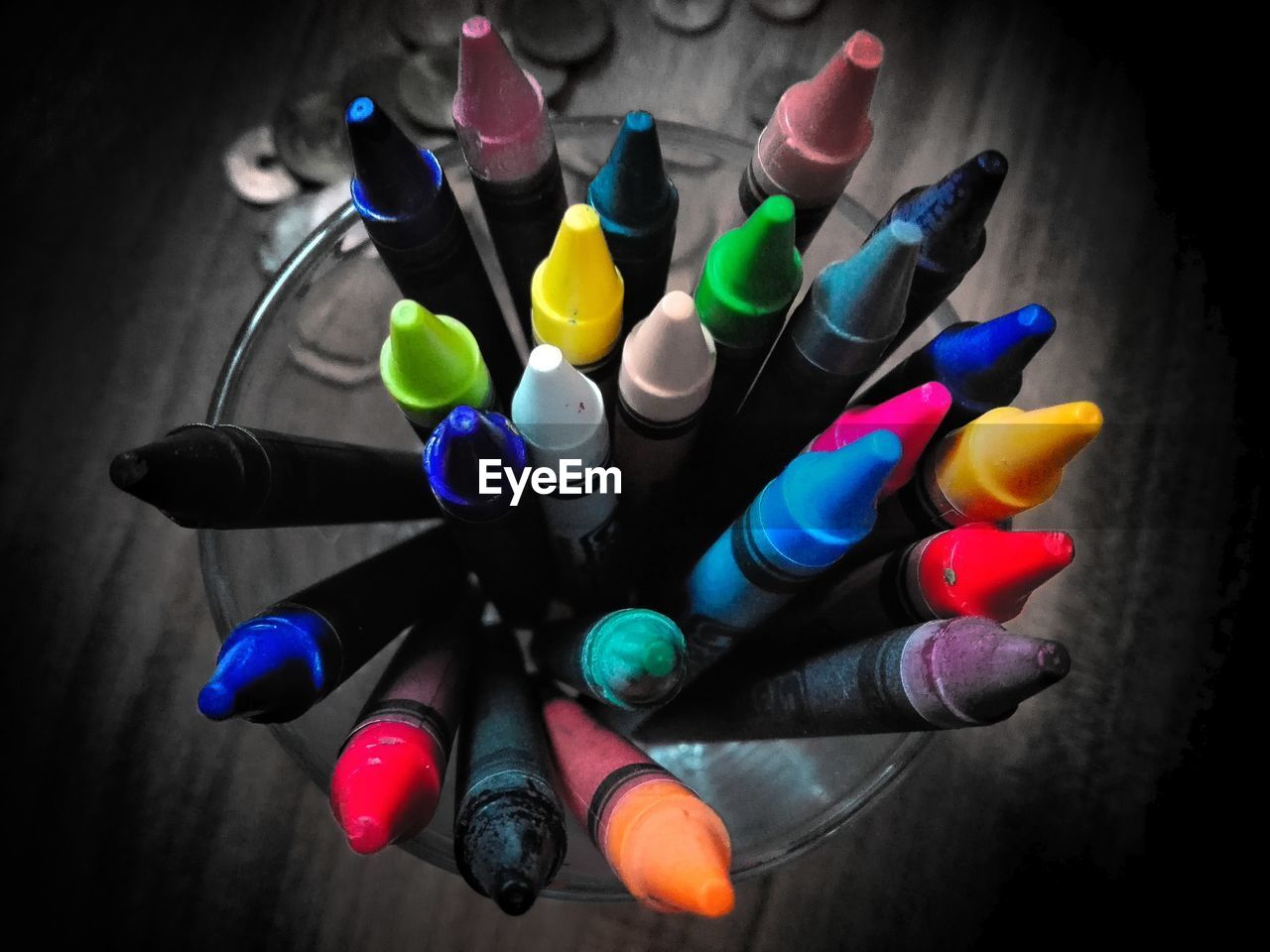 High angle view colorful crayons on table