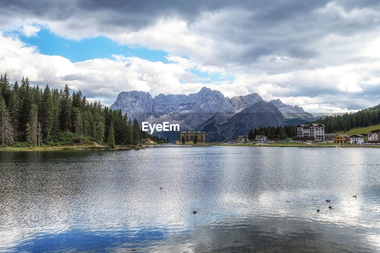 The view of lake misurina and mount sorapiss taken during summer. dolomite, italy.