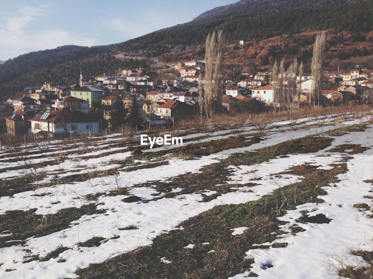 View of buildings in a village during winter