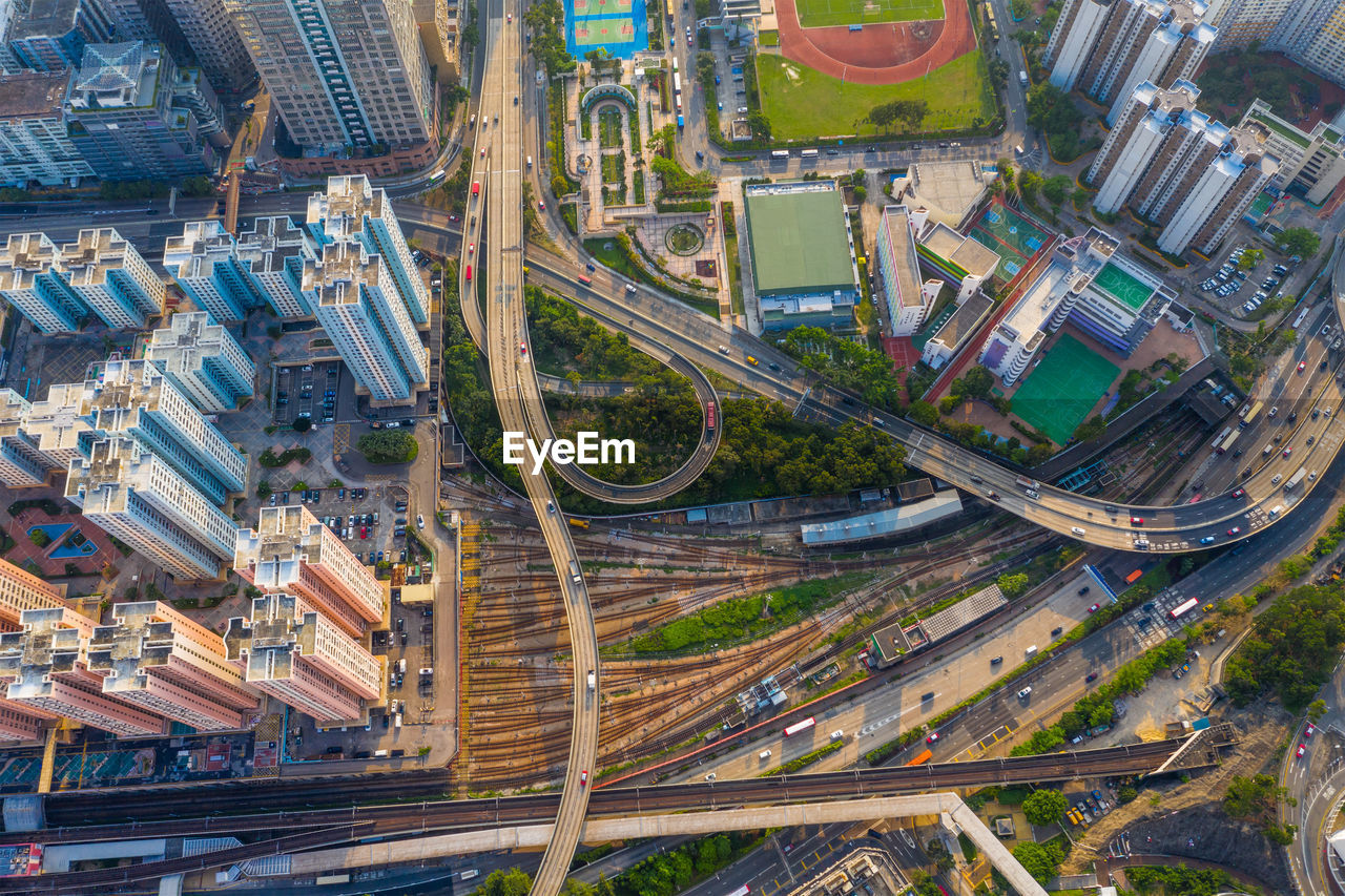 High angle view of buildings in city