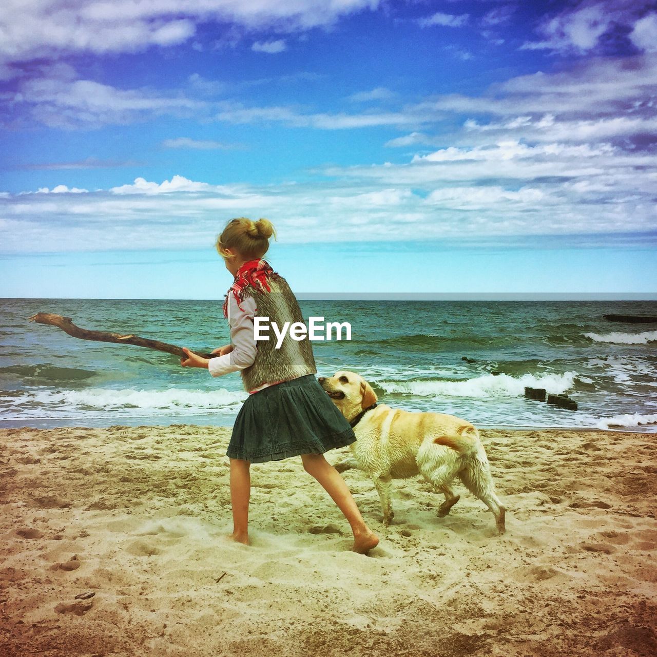 Girl playing with dog on beach