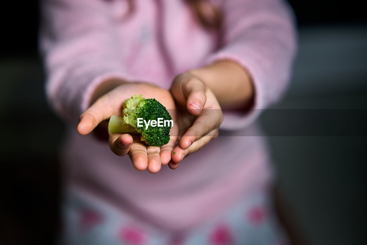 Selective focus of the hands from a girl with broccoli for a healthy meal