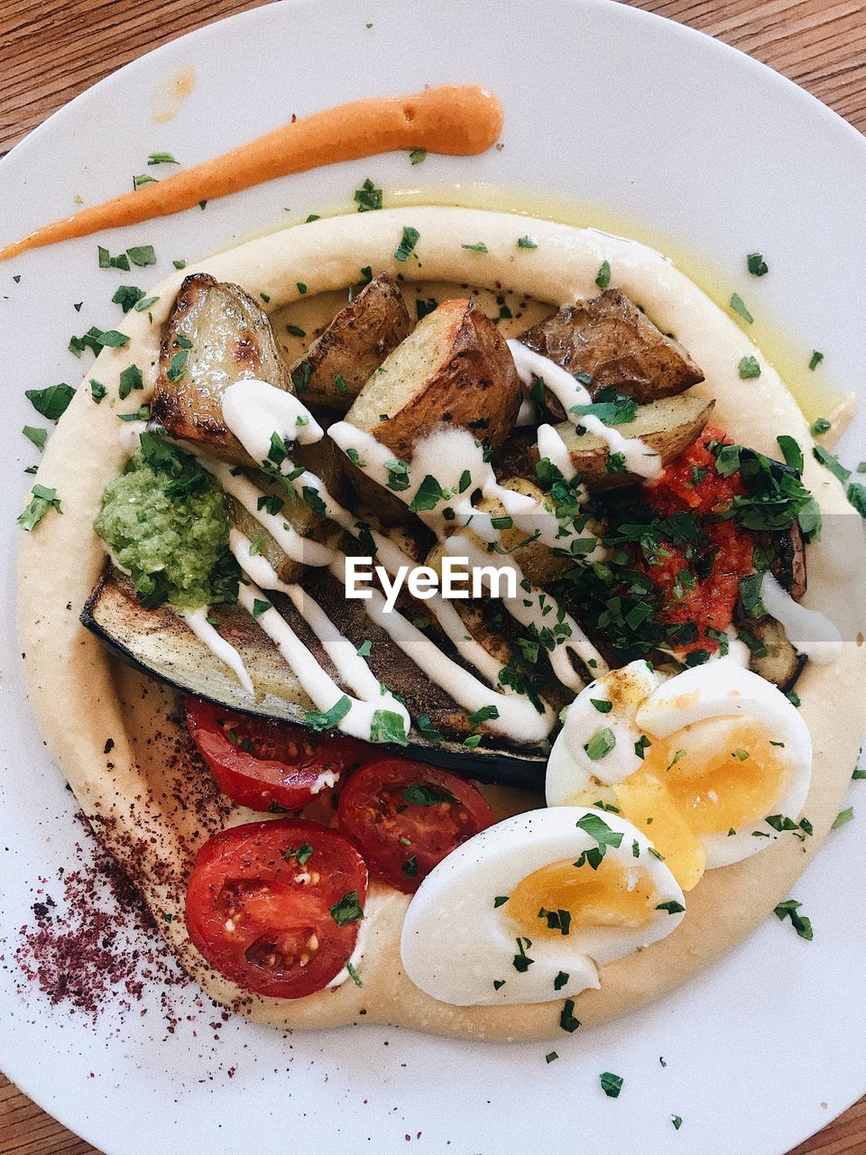 High angle view of vegetarian dish served on table